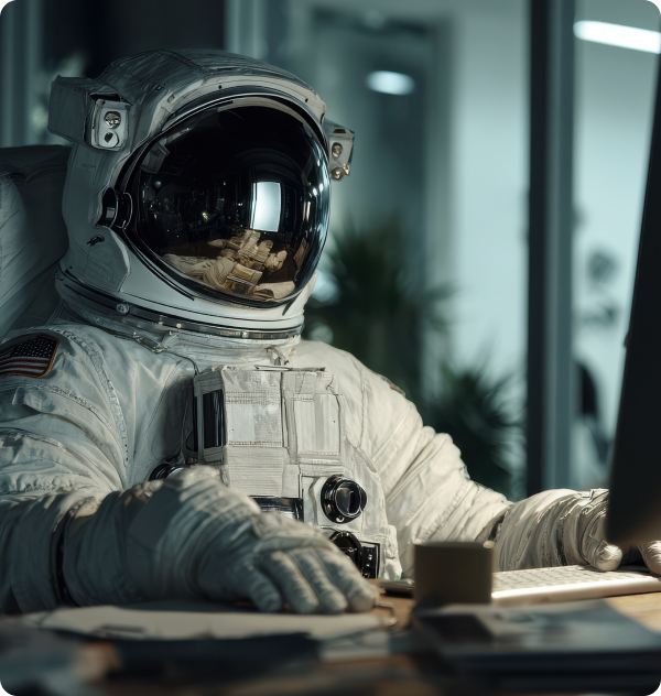 astronauta sentada em uma mesa de escritório usando o computador