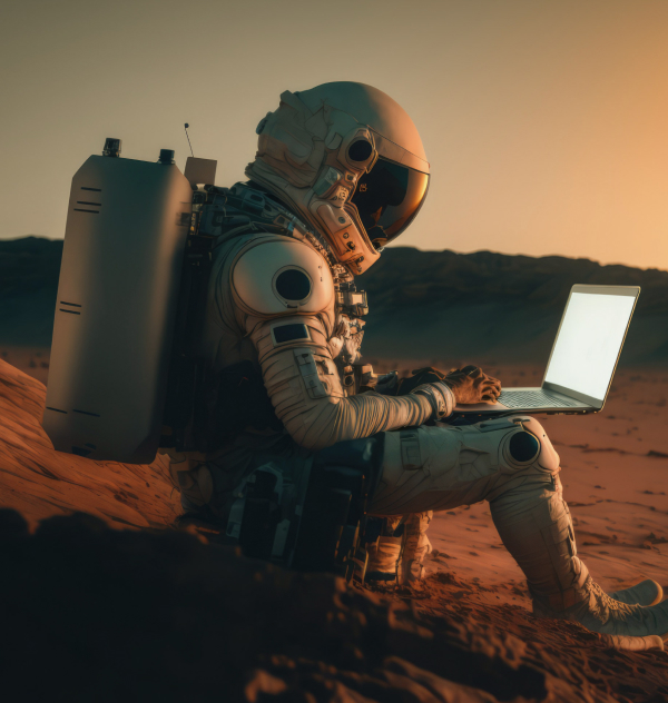 astronauta em marte usando o computador para ler o livro sobre governança de TI