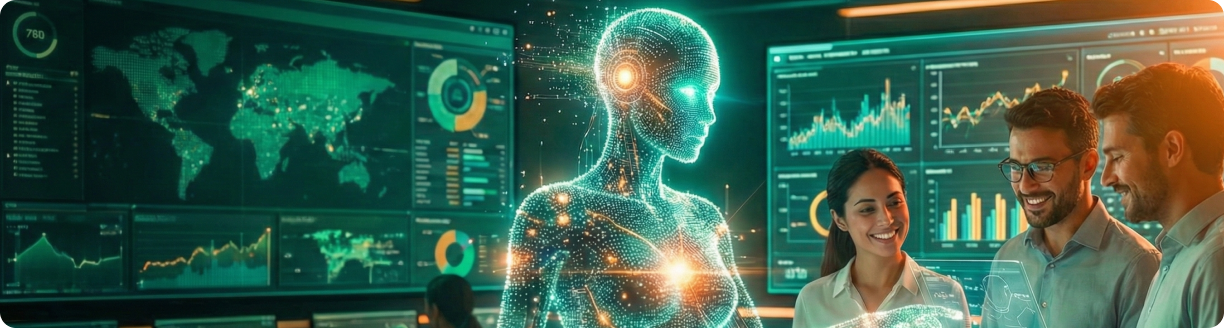 imagem tecnológica em fundo verde com mapas, robôs e gráficos. três pessoas estão em primeiro fundo analisando dados de segurança